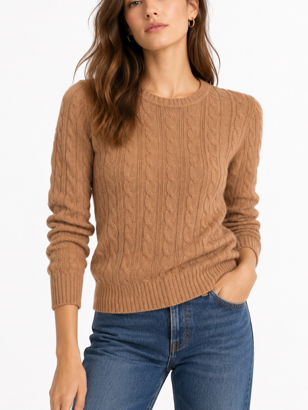J. Crew Vintage 2006 Wool Blend Cable Knit Crewneck Sweater Warm Camel Tan Small